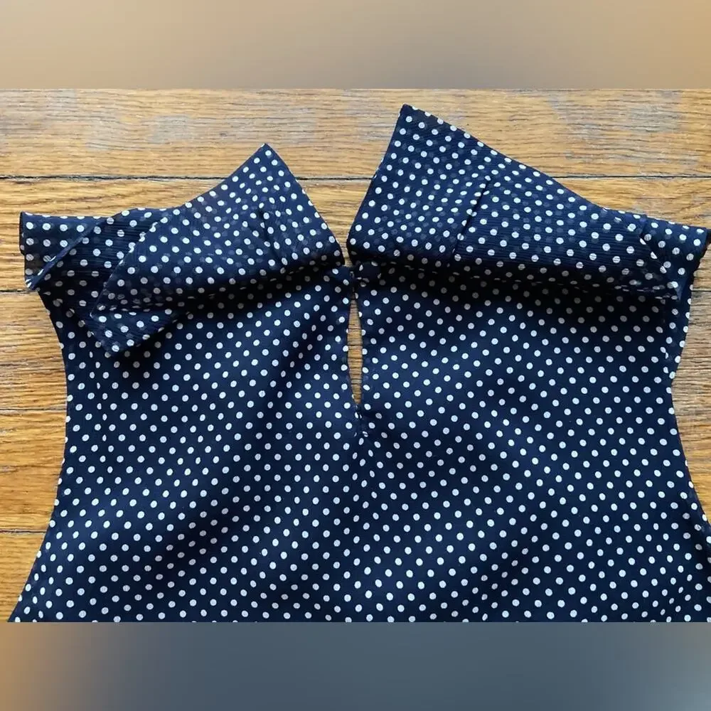 JCREW Navy Blue Polka Dotted Sleeveless Ruffle Collar Silk Blouse sz 0